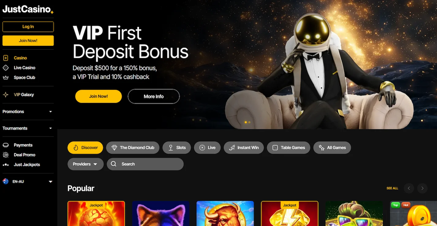JustCasino homepage displaying VIP deposit bonus offer, online pokies selection and main site navigation