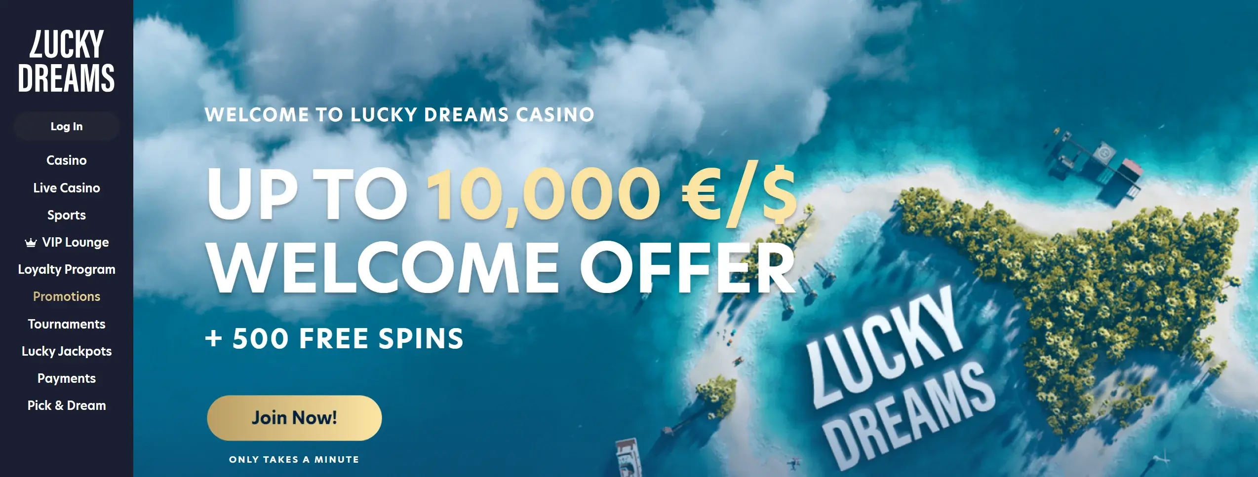 Lucky Dreams casino homepage displaying welcome offer and main site navigation